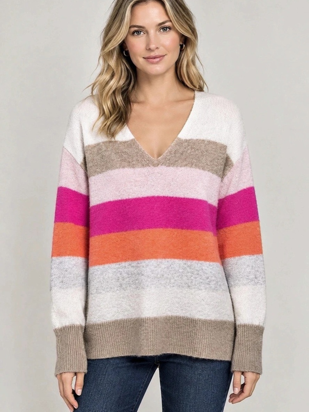 EUC, LOFT Striped V-Neck Sweater in Pink & Orange Size XS